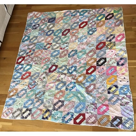 Vintage 5” Square Hand-sewn Quilt with Floral Back 67” X 77” - Picture 1 of 10